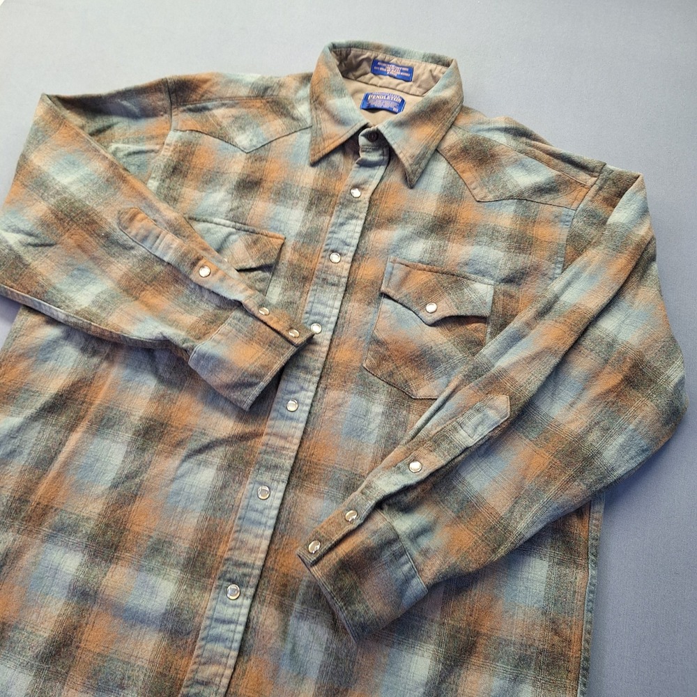 Pendleton Western Wear Wool Plaid Flannel Pearl Snap Shirt Blue Brown XL Cowboy